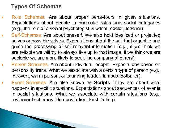 Types Of Schemas Role Schemas: Are about proper behaviours in given situations. Expectations about