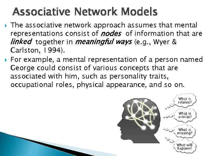 Associative Network Models The associative network approach assumes that mental representations consist of nodes