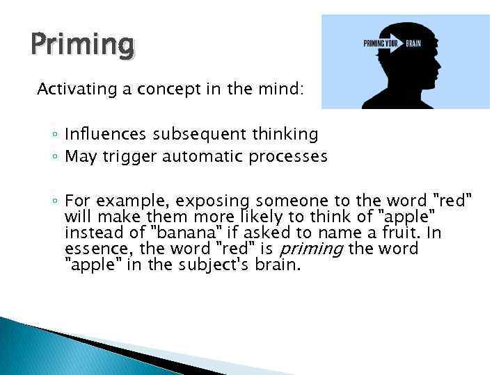 Priming Activating a concept in the mind: ◦ Influences subsequent thinking ◦ May trigger