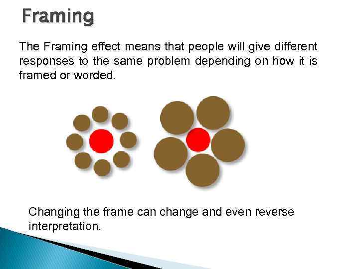 Framing The Framing effect means that people will give different responses to the same