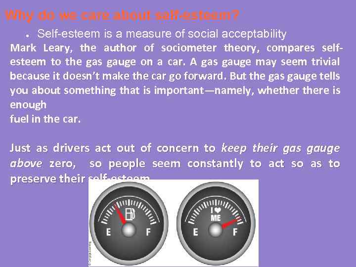 Why do we care about self-esteem? Self-esteem is a measure of social acceptability Mark