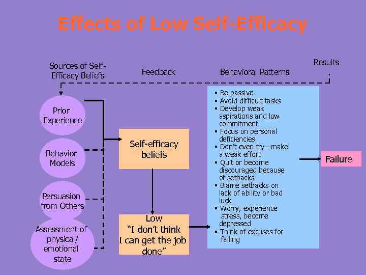 Effects of Low Self-Efficacy Sources of Self. Efficacy Beliefs Results Feedback Prior Experience Behavior