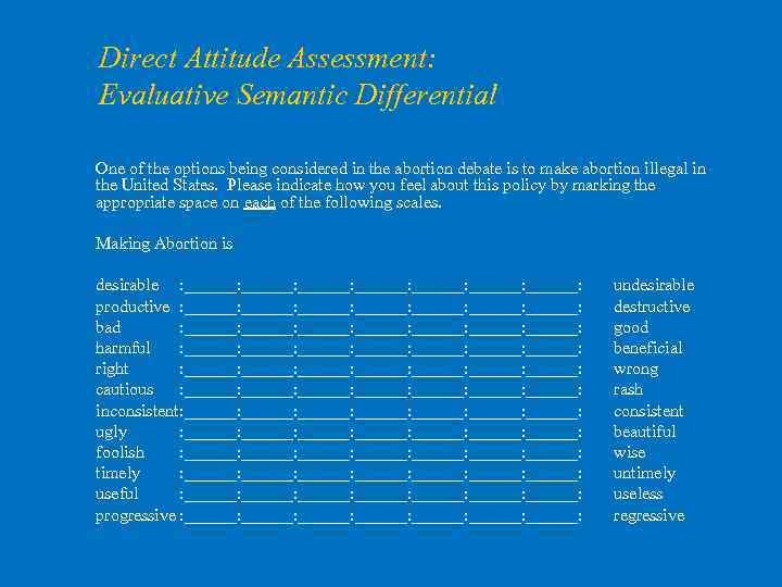 Direct Attitude Assessment: Evaluative Semantic Differential One of the options being considered in the