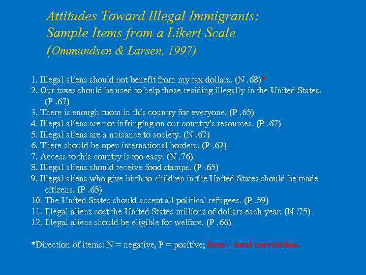 Attitudes Toward Illegal Immigrants: Sample Items from a Likert Scale (Ommundsen & Larsen, 1997)
