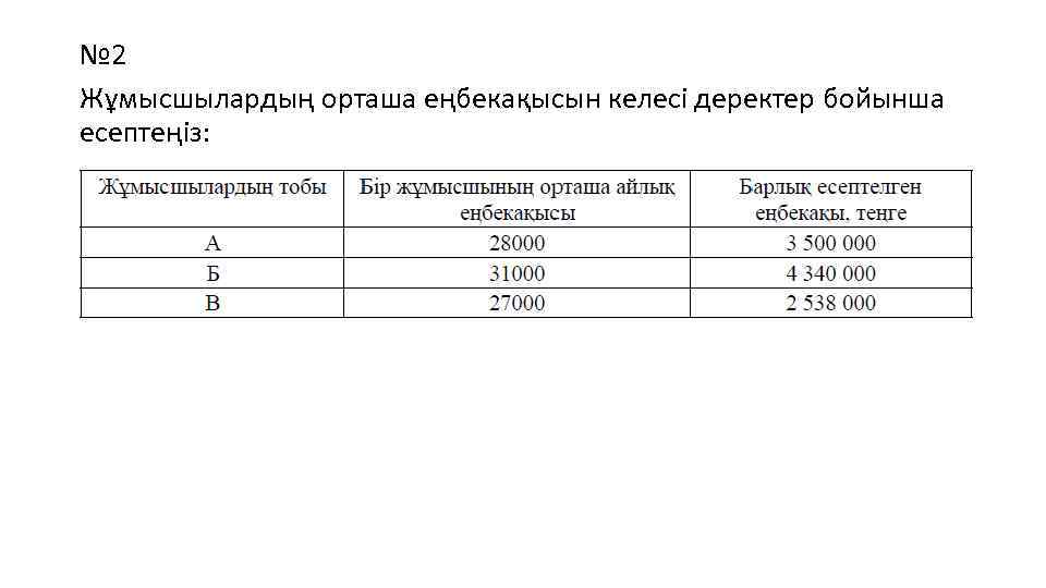 № 2 Жұмысшылардың орташа еңбекақысын келесі деректер бойынша есептеңіз: 