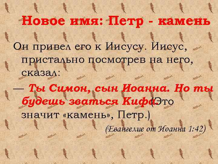 Новое имя: Петр - камень Он привел его к Иисусу. Иисус, пристально посмотрев на