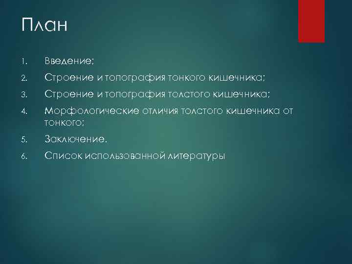 План 1. Введение; 2. Строение и топография тонкого кишечника; 3. Строение и топография толстого