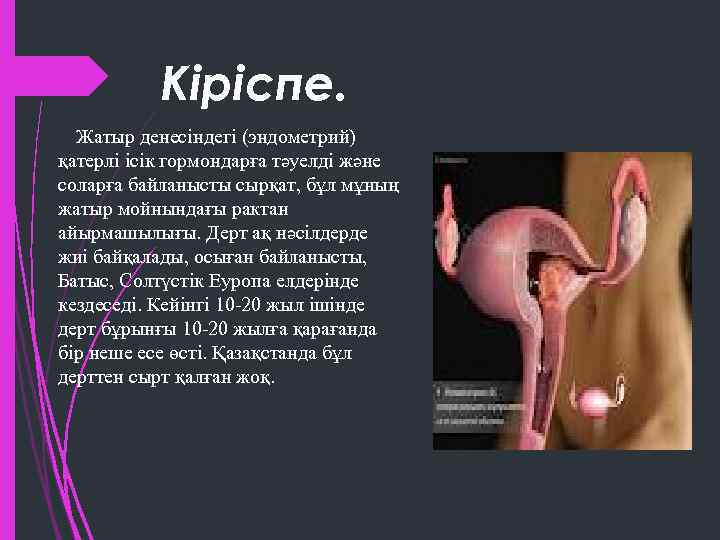 Кіріспе. Жатыр денесіндегі (эндометрий) қатерлі ісік гормондарға тәуелді және соларға байланысты сырқат, бұл мұның