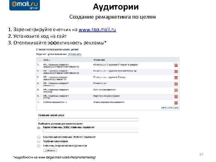 Аудитории Создание ремаркетинга по целям 1. Зарегистрируйте счетчик на www. top. mail. ru 2.