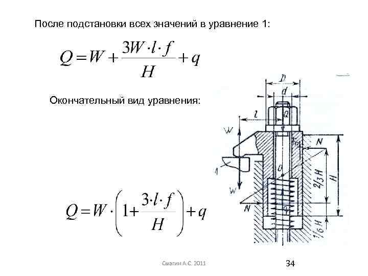 После подстановки всех значений в уравнение 1: Окончательный вид уравнения: Смагин А. С. 2011