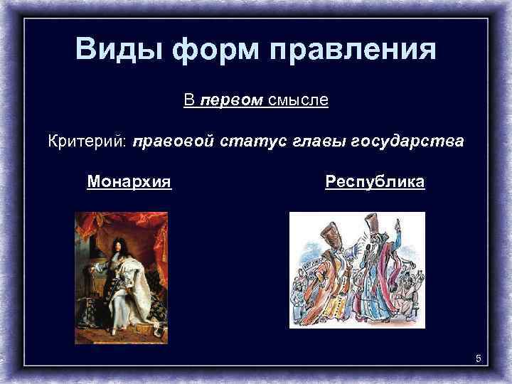 Виды форм правления В первом смысле Критерий: правовой статус главы государства Монархия Республика 5