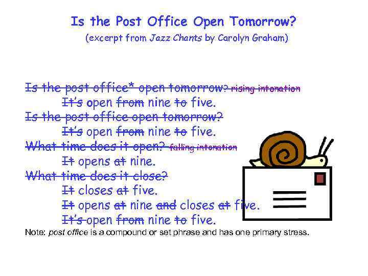 Is the Post Office Open Tomorrow? (excerpt from Jazz Chants by Carolyn Graham) Is