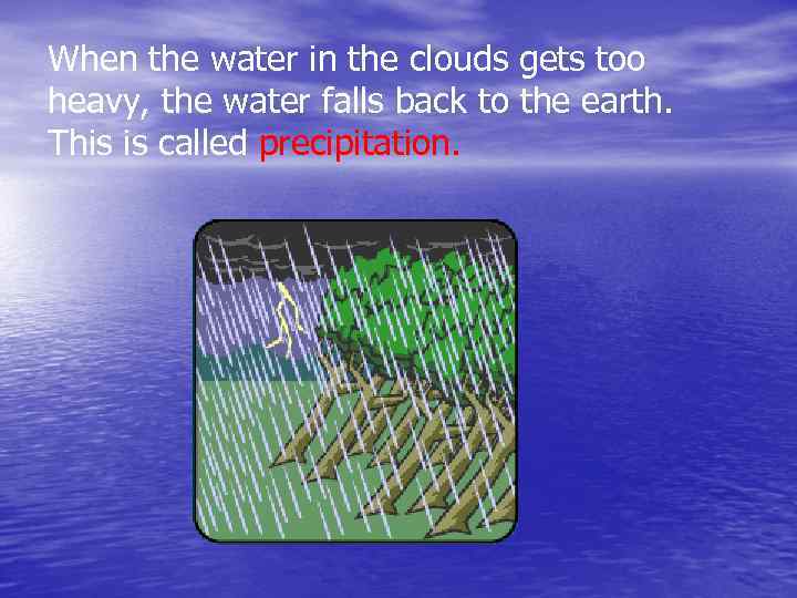 When the water in the clouds gets too heavy, the water falls back to