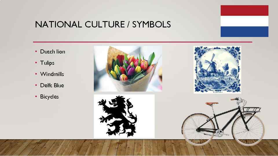 NATIONAL CULTURE / SYMBOLS • Dutch lion • Tulips • Windmills • Delft Blue