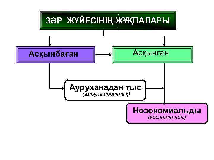 ЗӘР ЖҮЙЕСІНІҢ ЖҰҚПАЛАРЫ Асқынған Асқынбаған Ауруханадан тыс (амбулаториялық) Нозокомиальды (госпитальды) 