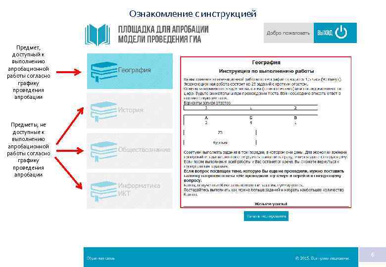 Ознакомление с инструкцией Предмет, доступный к выполнению апробационной работы согласно графику проведения апробации Предметы,
