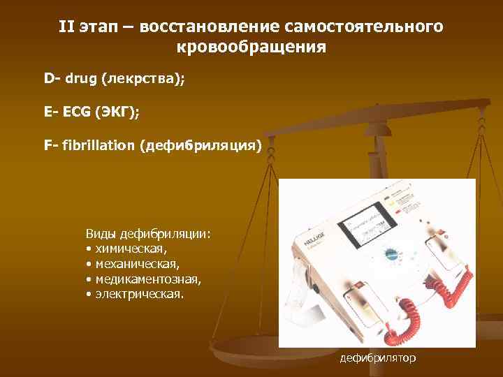 II этап – восстановление самостоятельного кровообращения D- drug (лекрства); E- ECG (ЭКГ); F- fibrillation