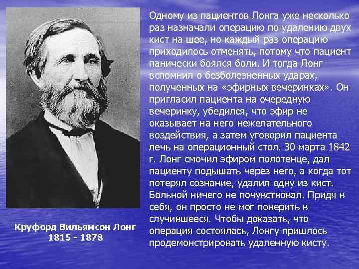 Круфорд Вильямсон Лонг 1815 - 1878 Одному из пациентов Лонга уже несколько раз назначали