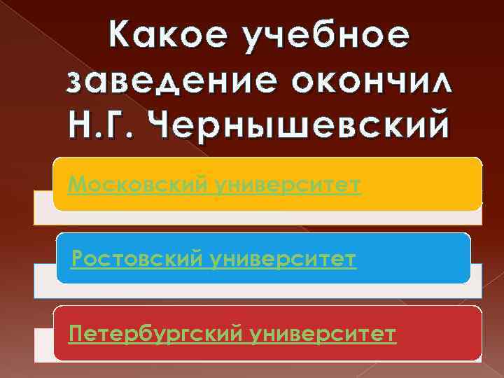 Какое учебное заведение окончил Н. Г. Чернышевский Московский университет Ростовский университет Петербургский университет 