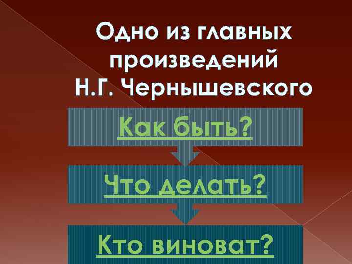 Одно из главных произведений Н. Г. Чернышевского Как быть? Что делать? Кто виноват? 