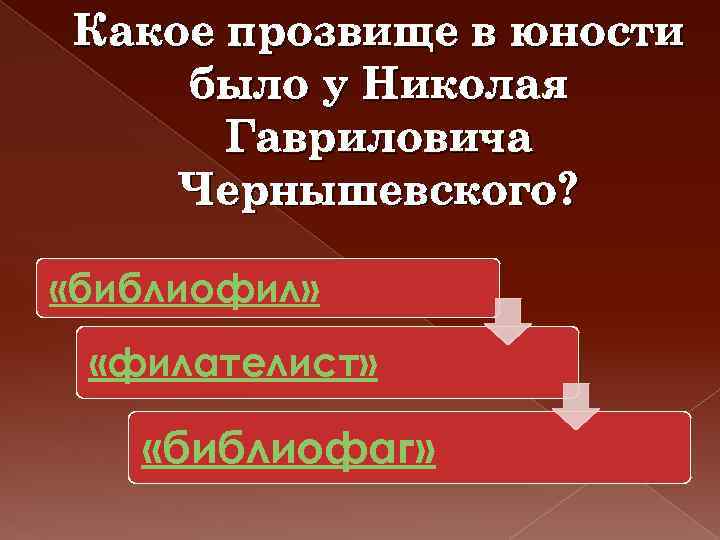 Какое прозвище в юности было у Николая Гавриловича Чернышевского? «библиофил» «филателист» «библиофаг» 