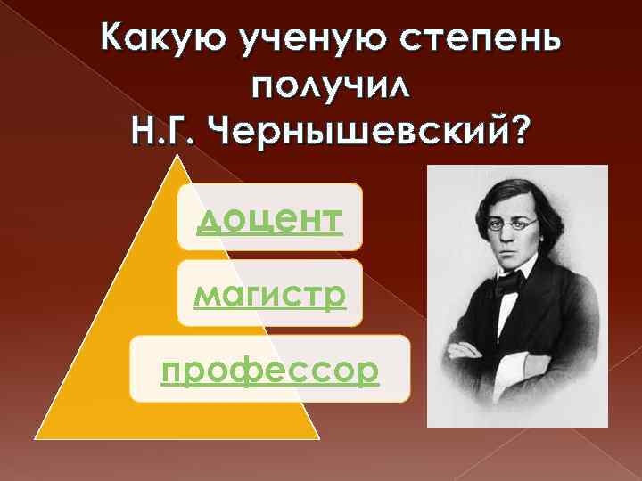 Какую ученую степень получил Н. Г. Чернышевский? доцент магистр профессор 