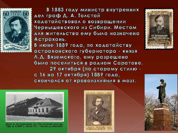 В 1883 году министр внутренних дел граф Д. А. Толстой ходатайствовал о возвращении Чернышевского
