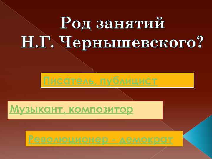 Род занятий Н. Г. Чернышевского? Писатель, публицист Музыкант, композитор Революционер - демократ 