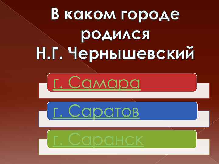 В каком городе родился Н. Г. Чернышевский г. Самара г. Саратов г. Саранск 