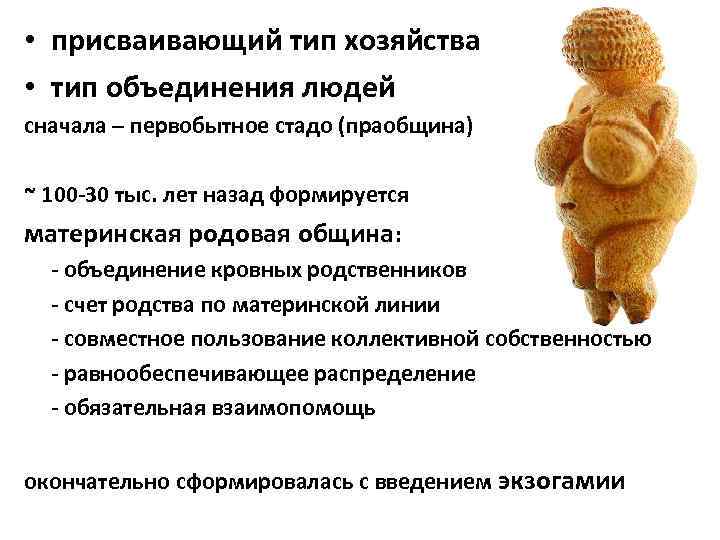  • присваивающий тип хозяйства • тип объединения людей сначала – первобытное стадо (праобщина)