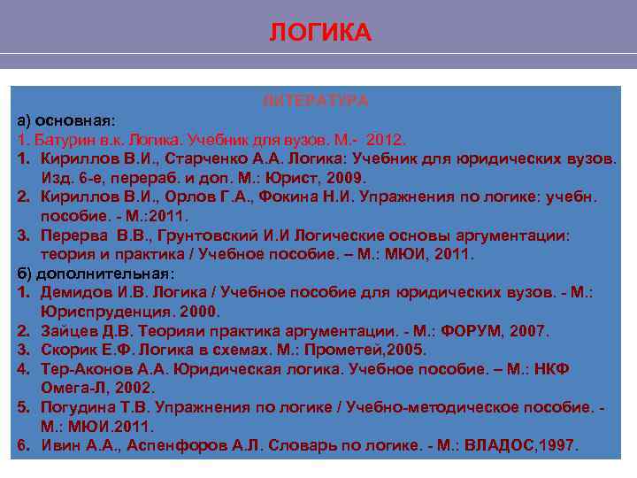 ЛОГИКА ЛИТЕРАТУРА а) основная: 1. Батурин в. к. Логика. Учебник для вузов. М. -