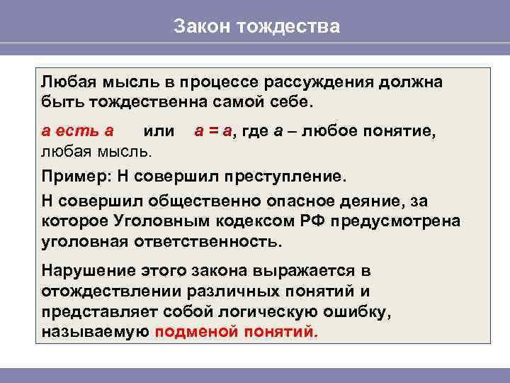 Понятие ни. Припр закона тордества. Закон тождества в логике примеры. Нарушение закона тождества примеры. Закон торжества пример.