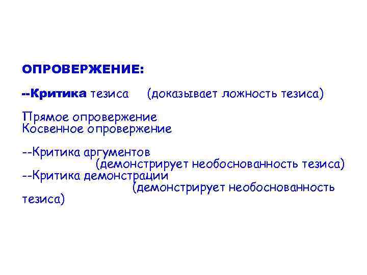 ОПРОВЕРЖЕНИЕ: --Критика тезиса (доказывает ложность тезиса) Прямое опровержение Косвенное опровержение --Критика аргументов (демонстрирует необоснованность