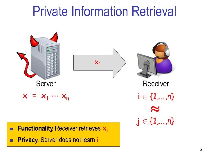 Private Information Retrieval xi Server x = x 1 xn Receiver i 2 {1,