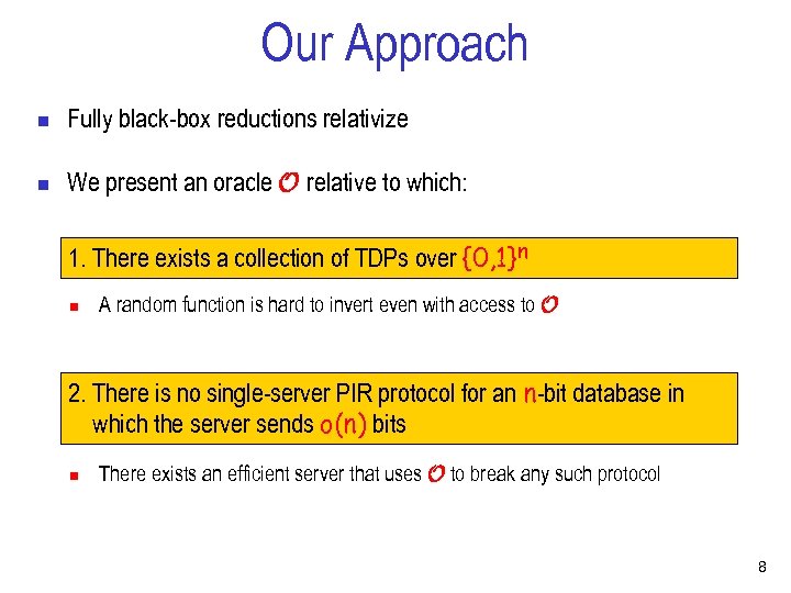 Our Approach n Fully black-box reductions relativize n We present an oracle O relative