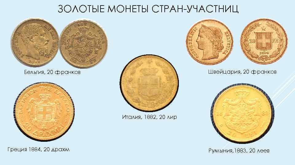 ЗОЛОТЫЕ МОНЕТЫ СТРАН-УЧАСТНИЦ Швейцария, 20 франков Бельгия, 20 франков Италия, 1882, 20 лир Греция
