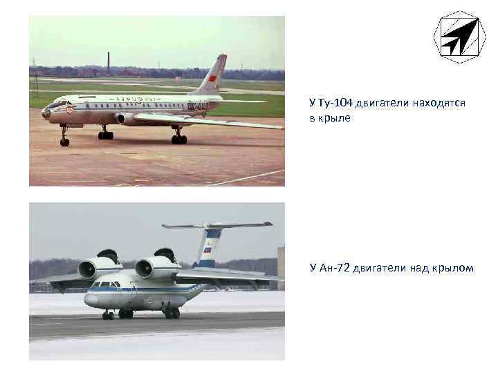 У Ту-104 двигатели находятся в крыле У Ан-72 двигатели над крылом 
