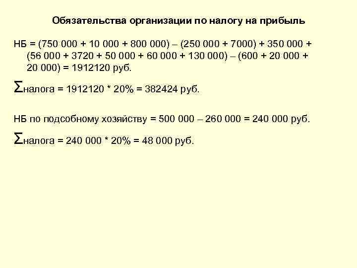 Обязательства организации по налогу на прибыль НБ = (750 000 + 10 000 +