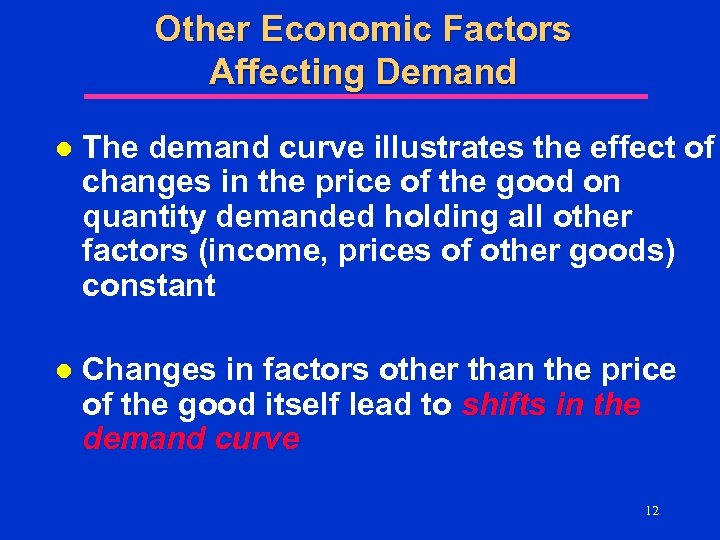 Other Economic Factors Affecting Demand l The demand curve illustrates the effect of changes