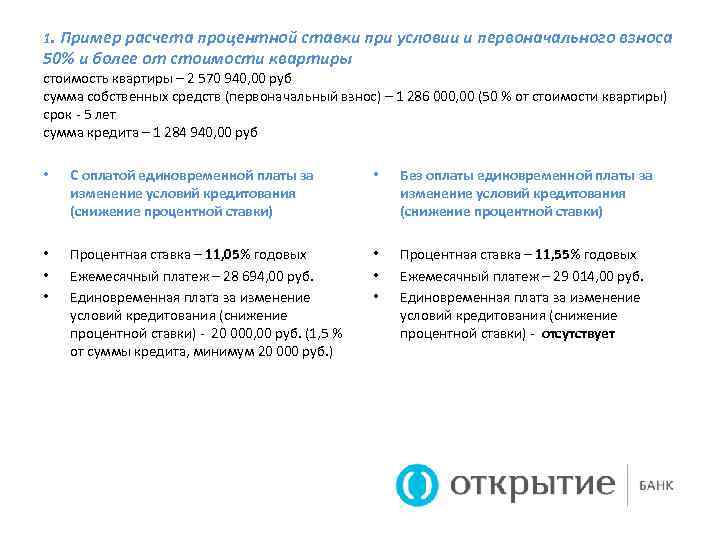 1. Пример расчета процентной ставки при условии и первоначального взноса 50% и более от