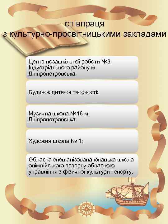 співпраця з культурно-просвітницькими закладами Центр позашкільної роботи № 3 Індустріального району м. Дніпропетровська; Будинок