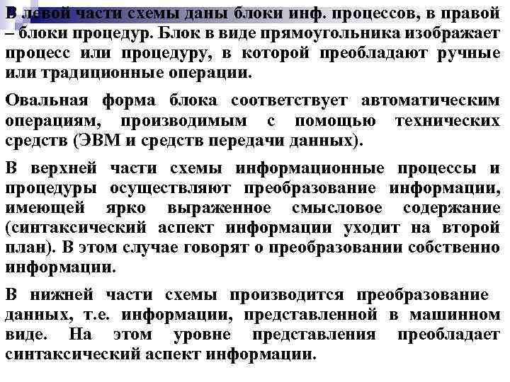 В левой части схемы даны блоки инф. процессов, в правой – блоки процедур. Блок