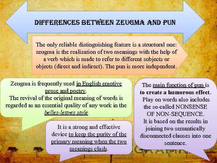 differences between zeugma and pun The only reliable distinguishing feature is a structural one: