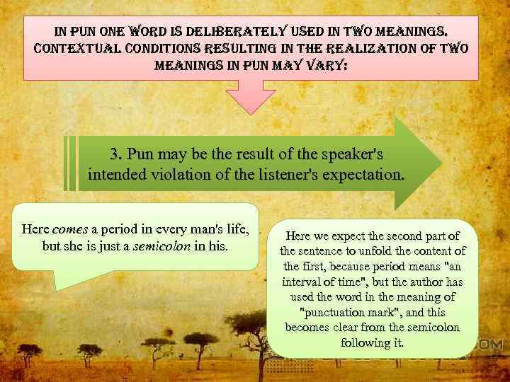 in pun one word is deliberately used in two meanings. contextual conditions resulting in