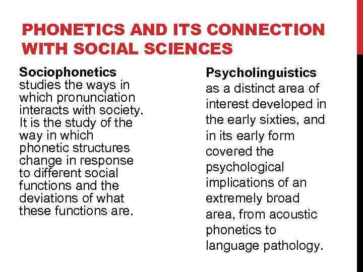 PHONETICS AND ITS CONNECTION WITH SOCIAL SCIENCES Sociophonetics studies the ways in which pronunciation