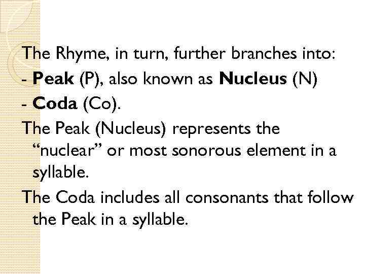 The Rhyme, in turn, further branches into: - Peak (P), also known as Nucleus