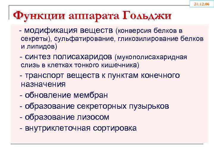 Функции аппарата Гольджи - модификация веществ (конверсия белков в секреты), сульфатирование, гликозилирование белков и