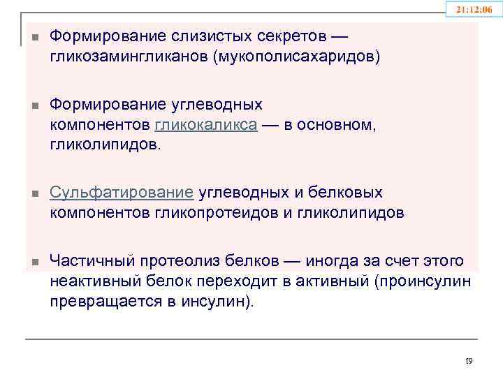 n Формирование слизистых секретов — гликозамингликанов (мукополисахаридов) n Формирование углеводных компонентов гликокаликса — в