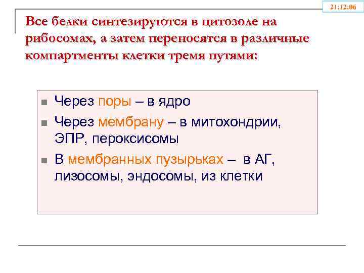 Все белки синтезируются в цитозоле на рибосомах, а затем переносятся в различные компартменты клетки