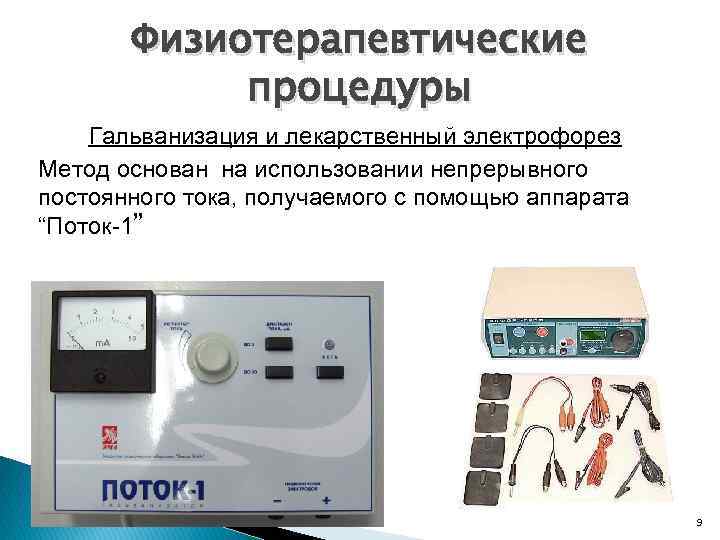 Физиотерапевтические процедуры Гальванизация и лекарственный электрофорез Метод основан на использовании непрерывного постоянного тока, получаемого